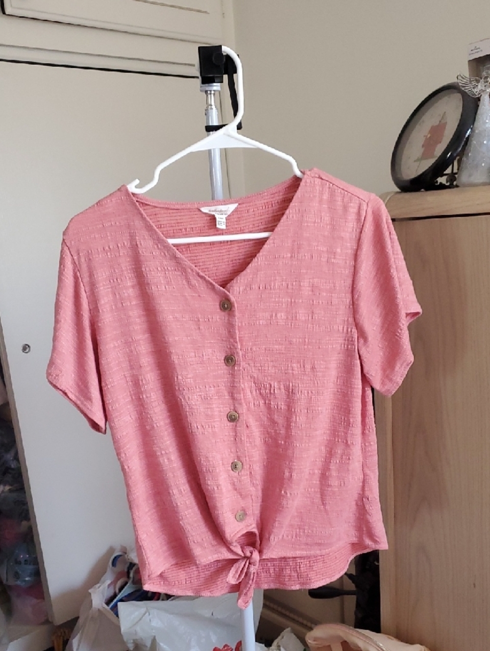 Weatherproof Vintage Pink Button-Front Tie-Hem Top Size S